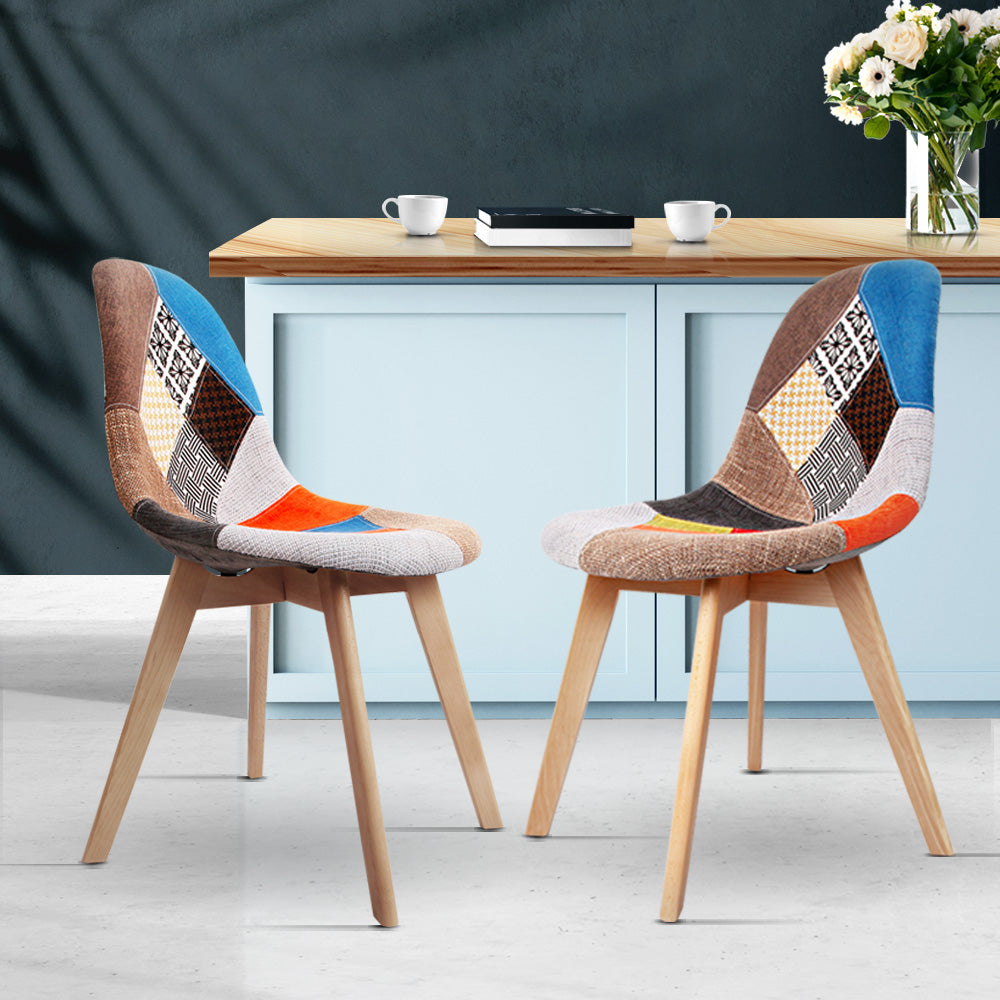 Artiss Set of 2 Retro Beech Fabric Dining Chair - Multi Colour