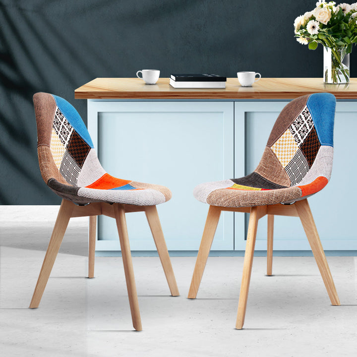 Elite Living Set of 2 Retro Beech Fabric Dining Chair - Multi Colour