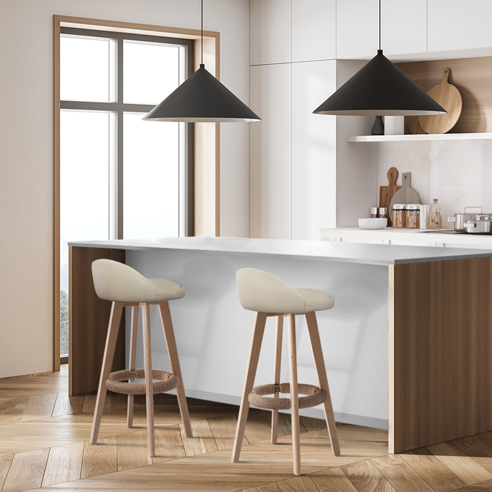 Artiss 2x Bar Stools Padded Leather Wooden Beige