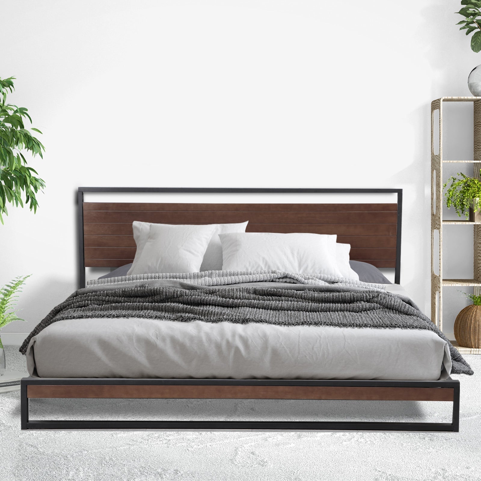 Single Size Decor Azure Bed Frame With Headboard Black Wood Steel Platform Bed - Black