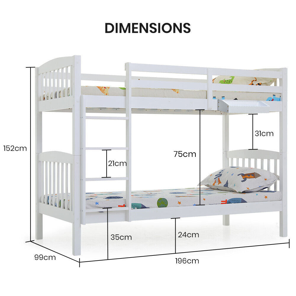 Slumber Wooden Kids Bunk Bed Frame, with Modular Design that can convert to 2 Single, White