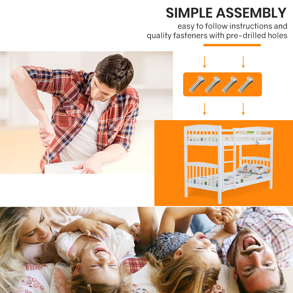 Slumber Wooden Kids Bunk Bed Frame, with Modular Design that can convert to 2 Single, White