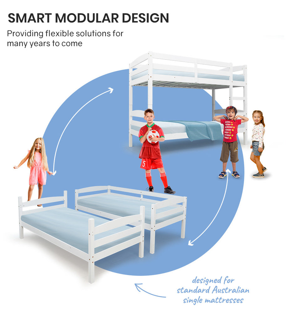 Single Size Slumber Bunk Bed Frame Wooden Kids Timber PIne Wood Loft Children Bedroom Furniture