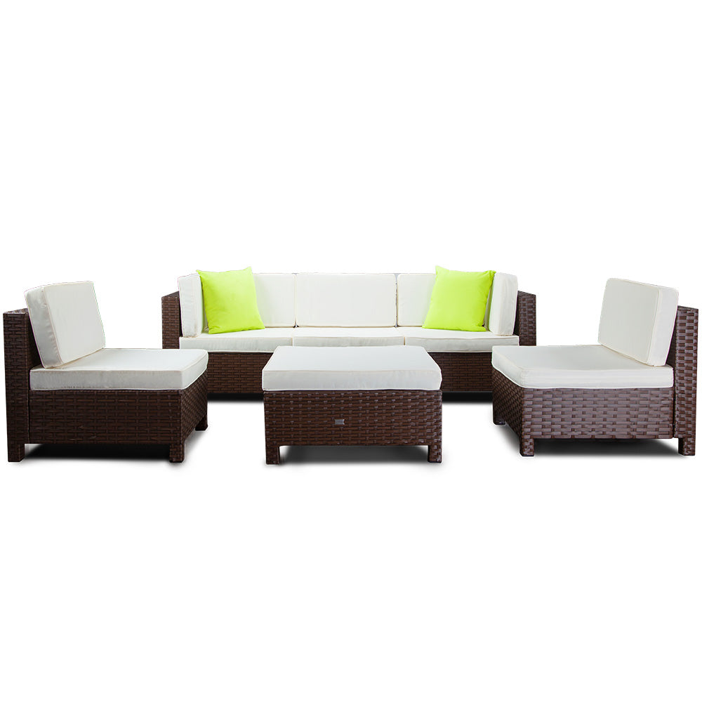 6pc Outdoor Furniture Setting Wicker Lounge Sofa Set Ottoman Brown