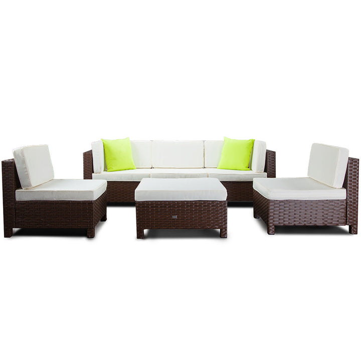 6pc Outdoor Furniture Setting Wicker Lounge Sofa Set Ottoman Brown