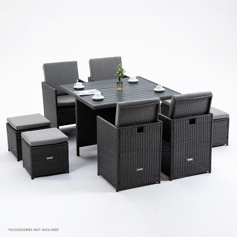 9 Piece Outdoor Dining Table Furniture Wicker Set, Grey