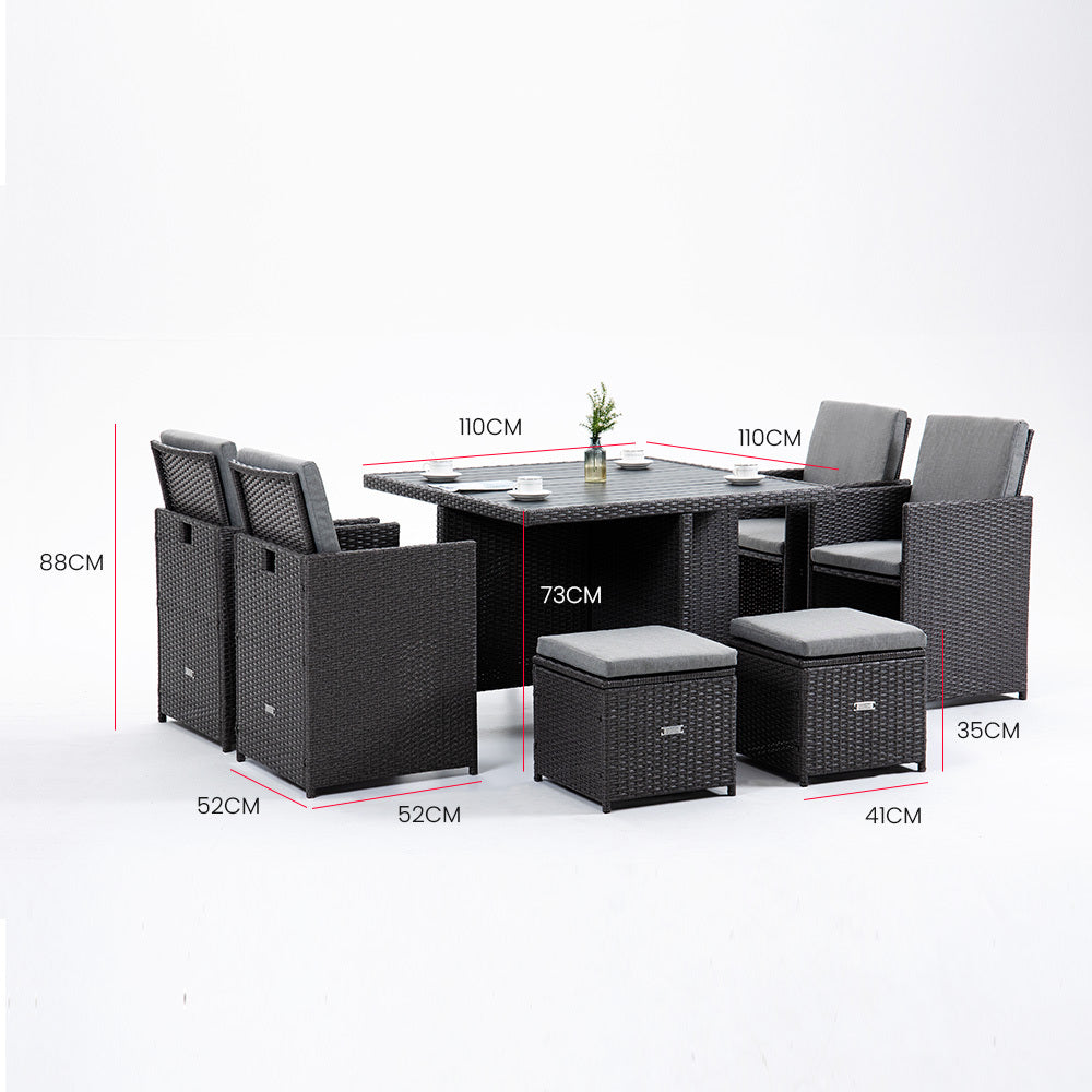 9 Piece Outdoor Dining Table Furniture Wicker Set, Grey