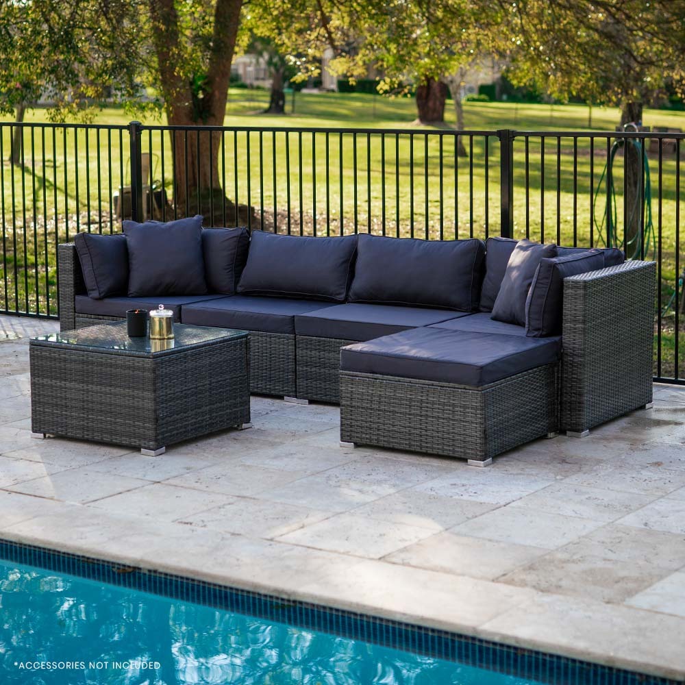 5 Seater Modular Outdoor Lounge Setting with Coffee Table, Ottoman, Grey