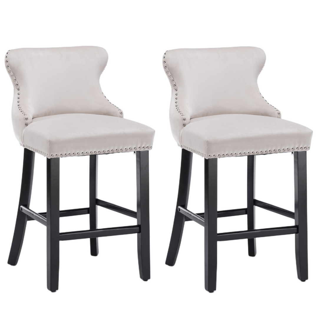2 x Velvet Upholstered Button Tufted Bar Stools with Wood Legs and Studs-Beige