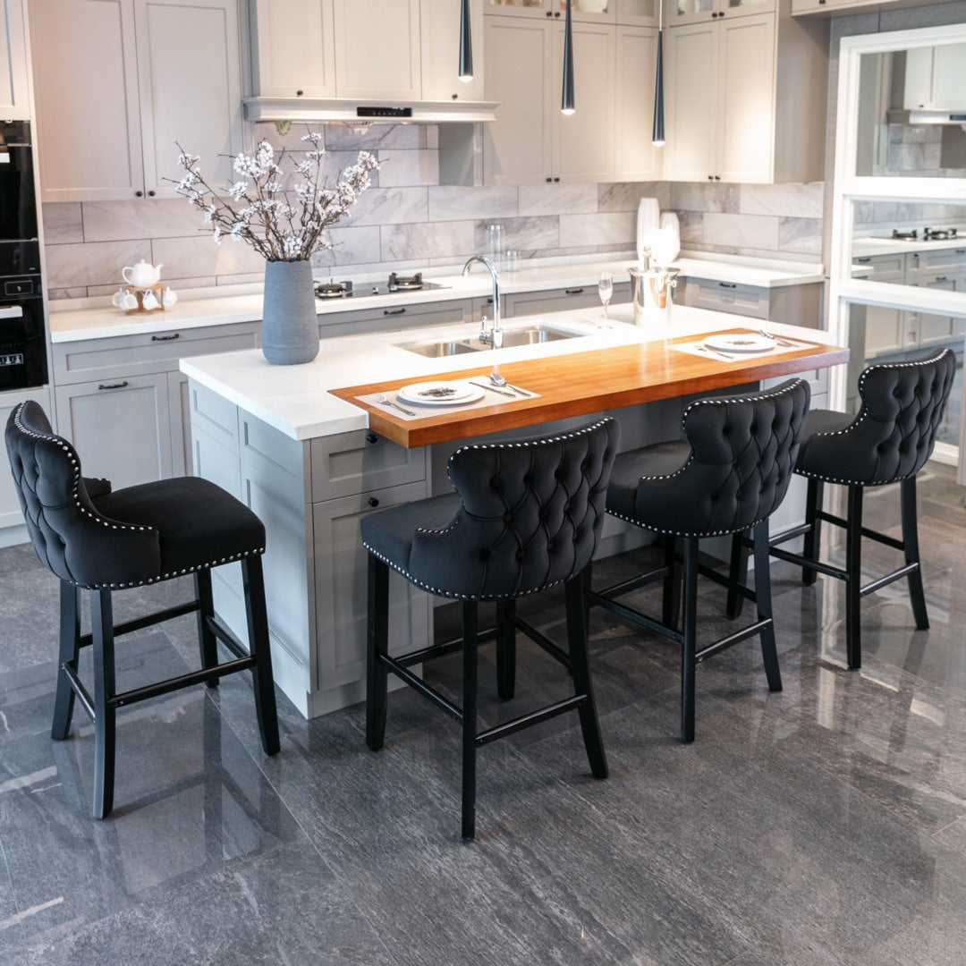 2 x Velvet Upholstered Button Tufted Bar Stools with Wood Legs and Studs-Black