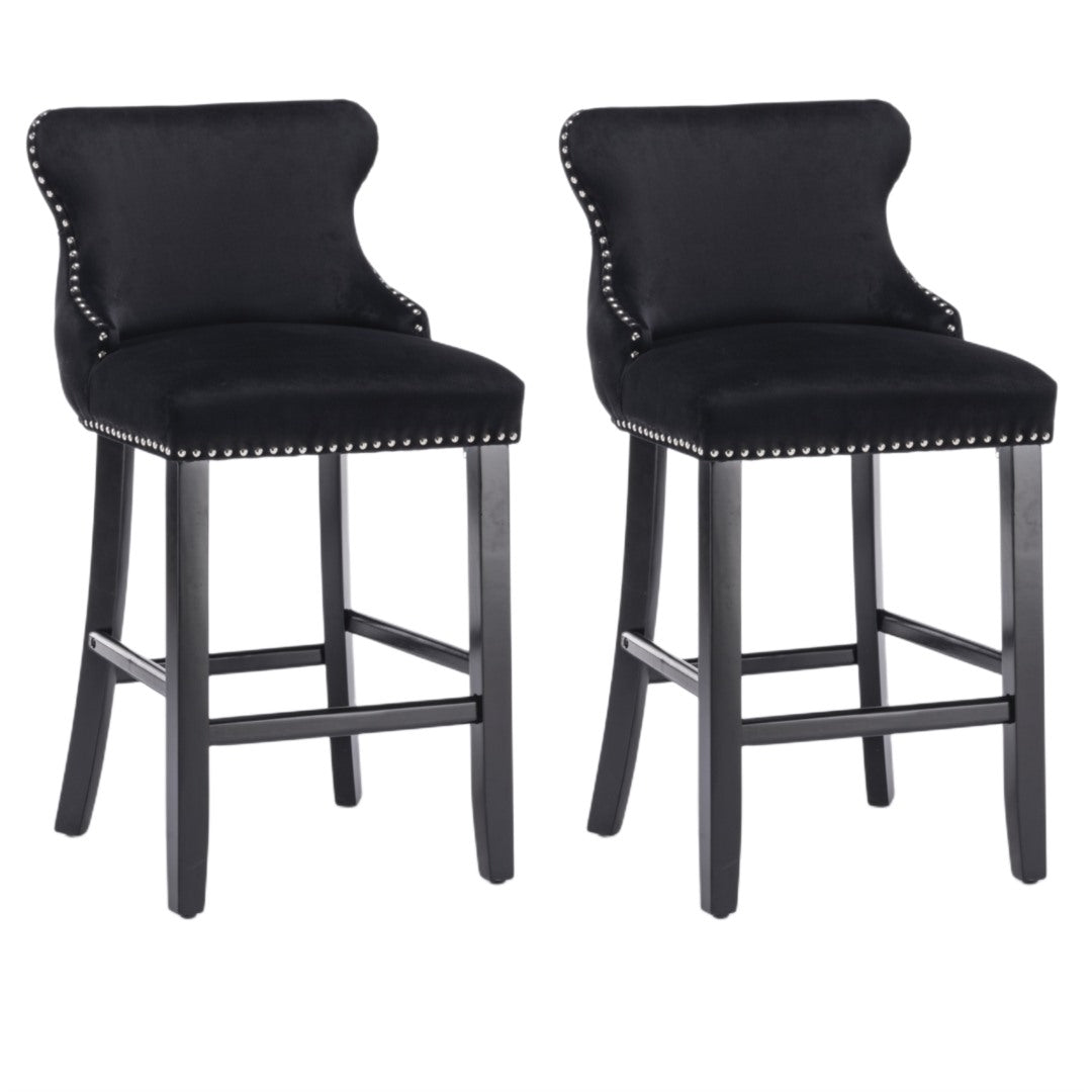 2 x Velvet Upholstered Button Tufted Bar Stools with Wood Legs and Studs-Black