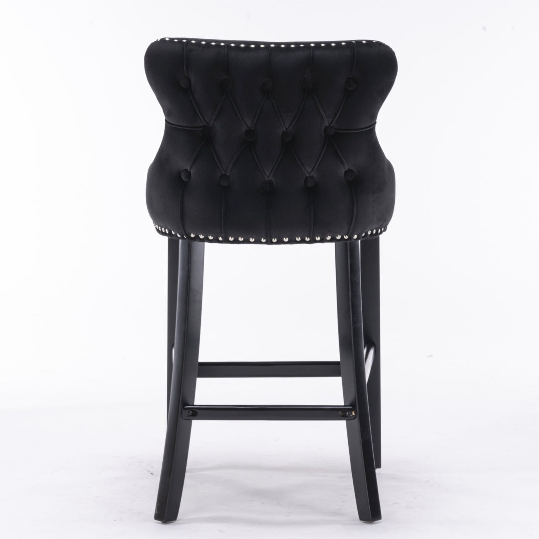 2 x Velvet Upholstered Button Tufted Bar Stools with Wood Legs and Studs-Black