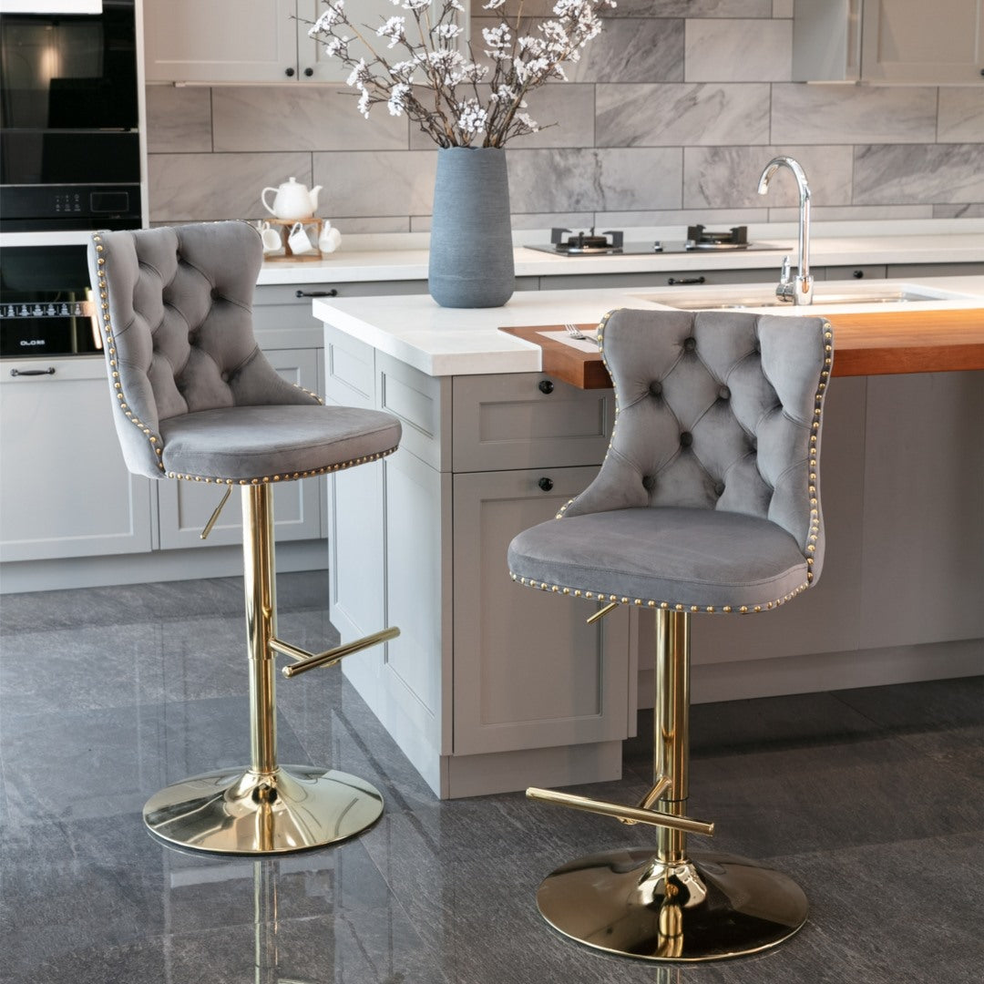 2x Height Adjustable Velvet Swivel Bar Stools