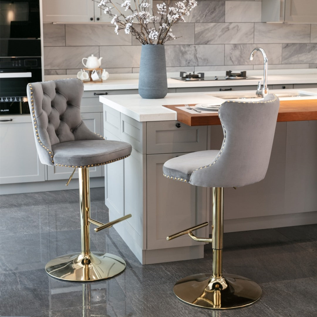 2x Height Adjustable Velvet Swivel Bar Stools