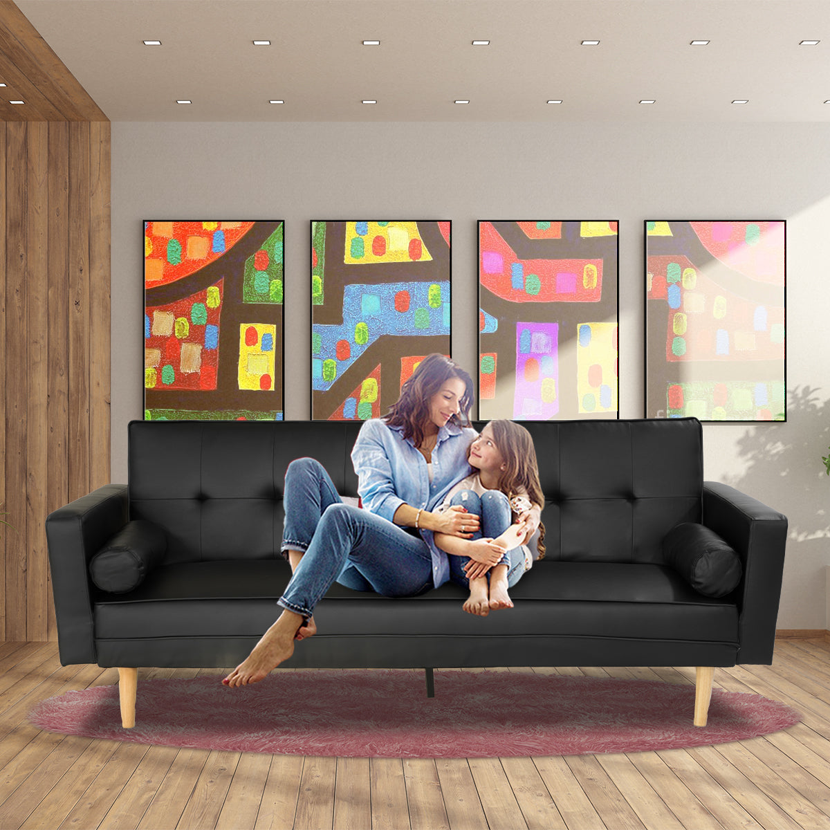 3 Seater Madison Faux Leather Sofa Bed Lounge Couch Futon Furniture Home Suite - Black