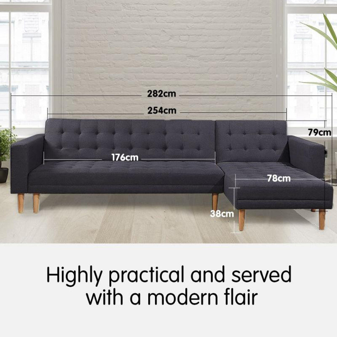 3 Seat Linen Fabric Corner Sofa Bed Couch Lounge With Chaise Furniture - Dark Grey