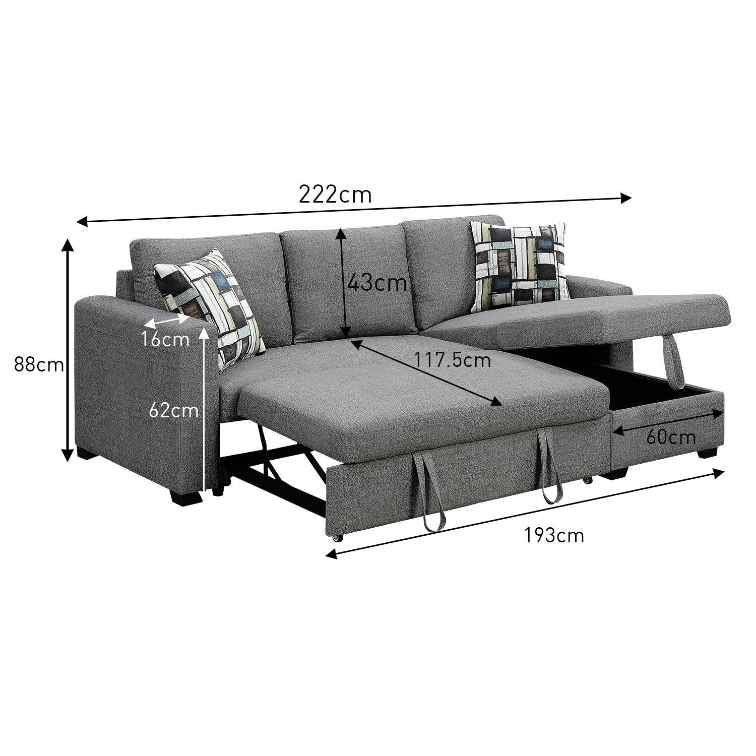 Fontana Pullout Sofa Bed with Storage Chaise Lounge - Grey