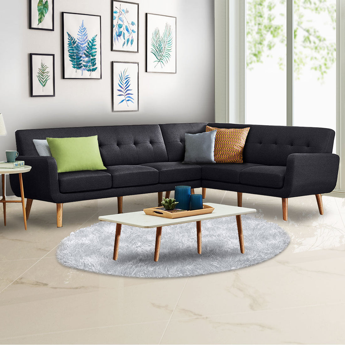 Faux Linen Corner Wooden Sofa Lounge L-shaped with Chaise - Black