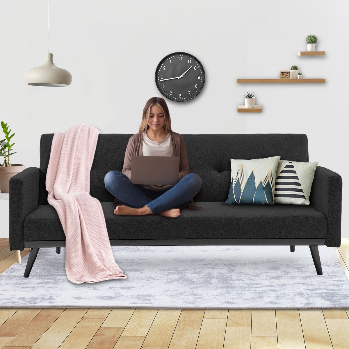 Faux Linen 3-Seater Sofa Bed with Armrests - Black