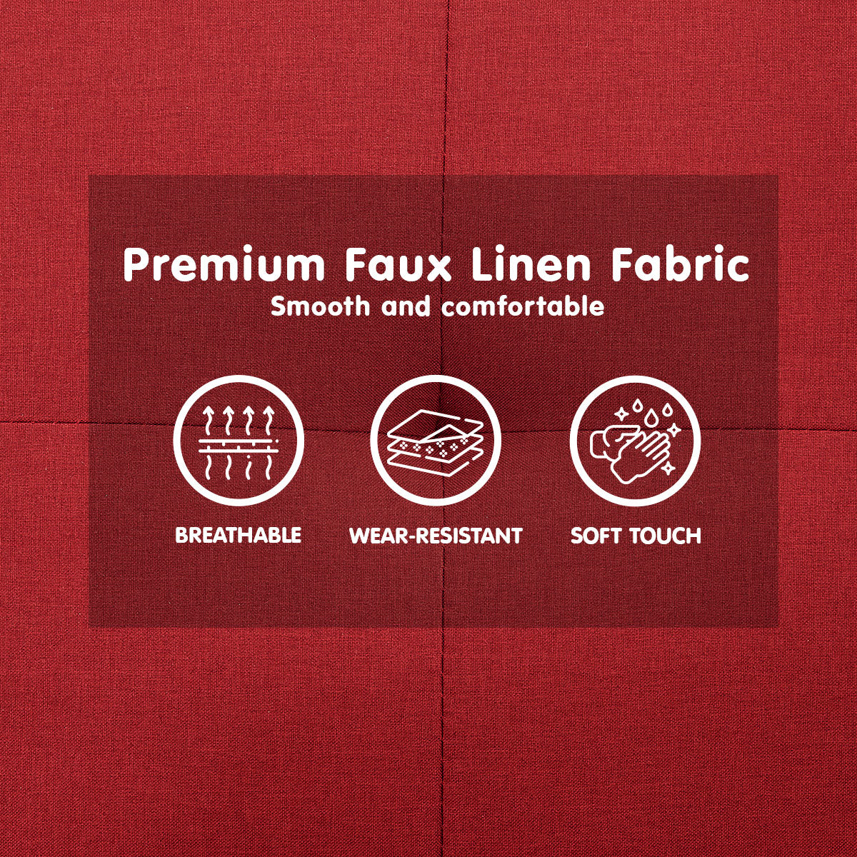 Faux Linen 3-Seater Sofa Bed with Armrests - Red