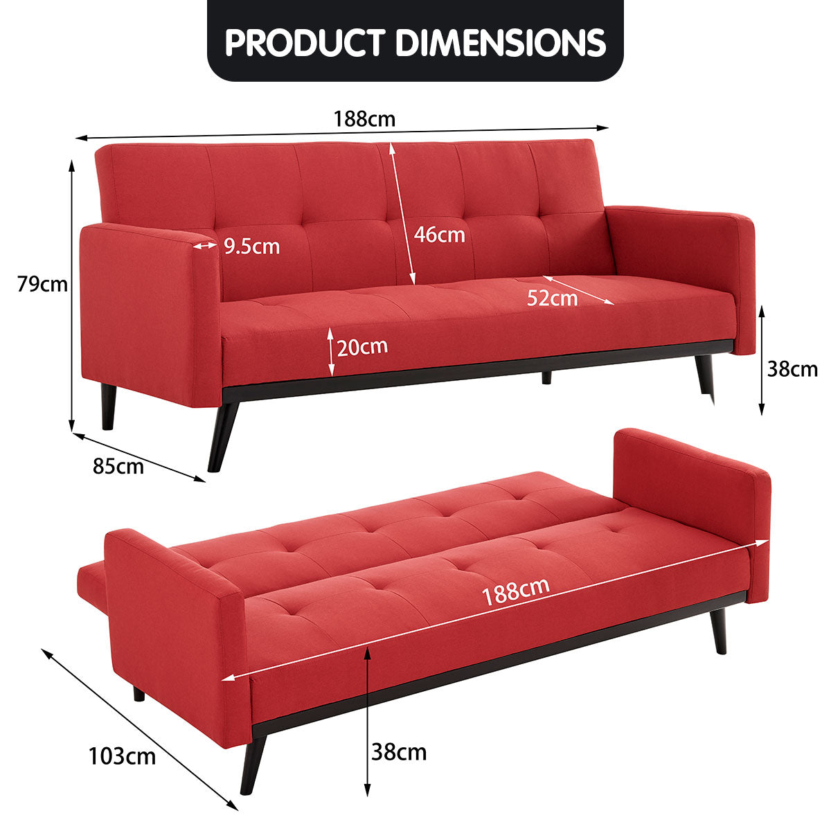 Faux Linen 3-Seater Sofa Bed with Armrests - Red