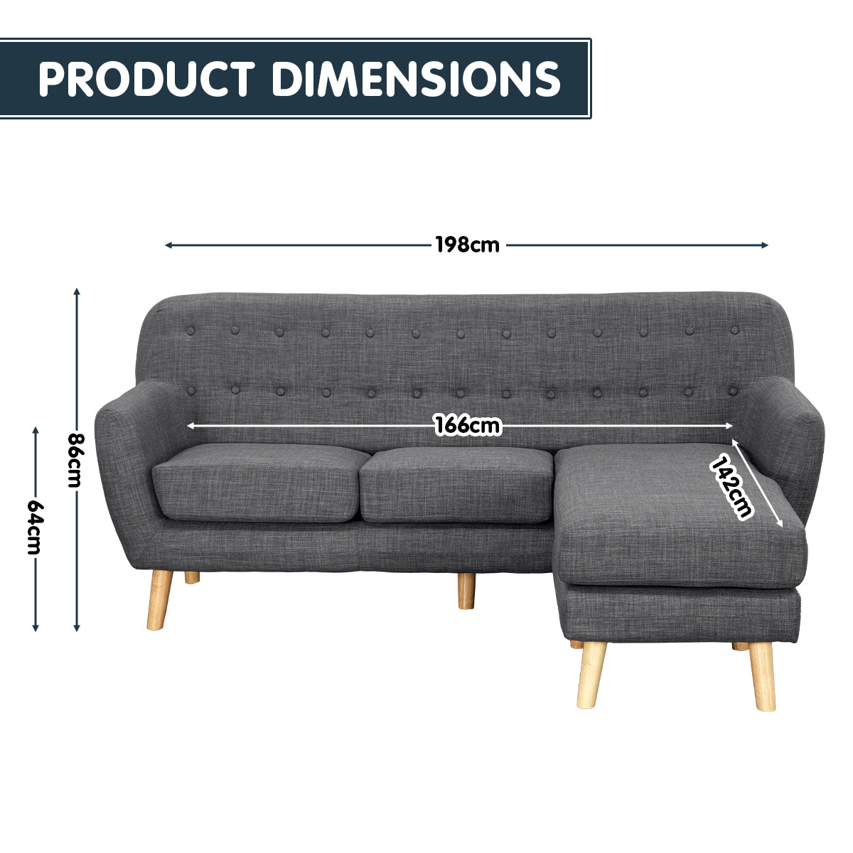 Linen Corner Sofa Couch Lounge L-shaped with Chaise - Dark Grey