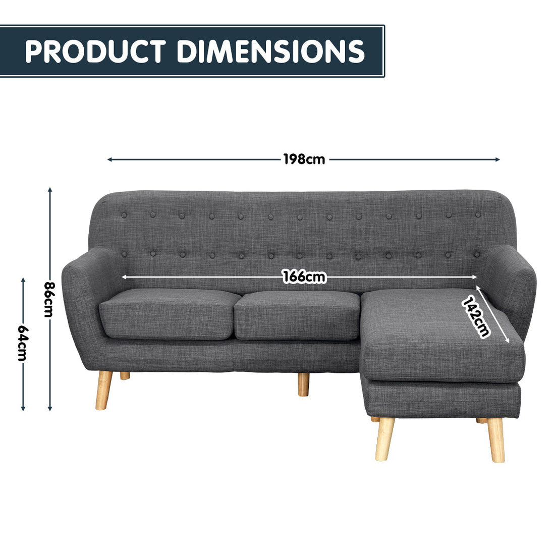 Linen Corner Sofa Couch Lounge L-shaped with Chaise - Dark Grey