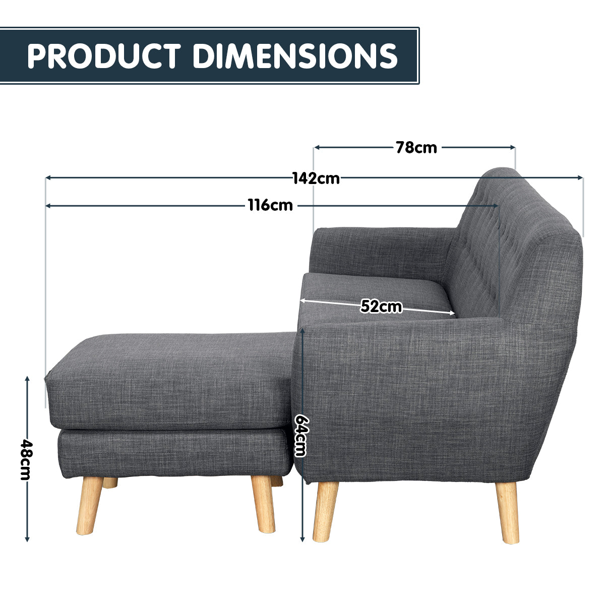 Linen Corner Sofa Couch Lounge L-shaped with Chaise - Dark Grey