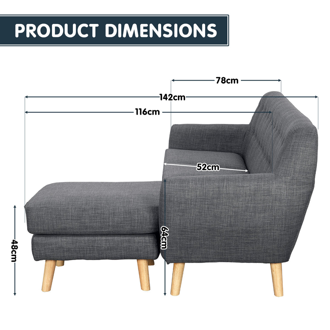 Linen Corner Sofa Couch Lounge L-shaped with Chaise - Dark Grey