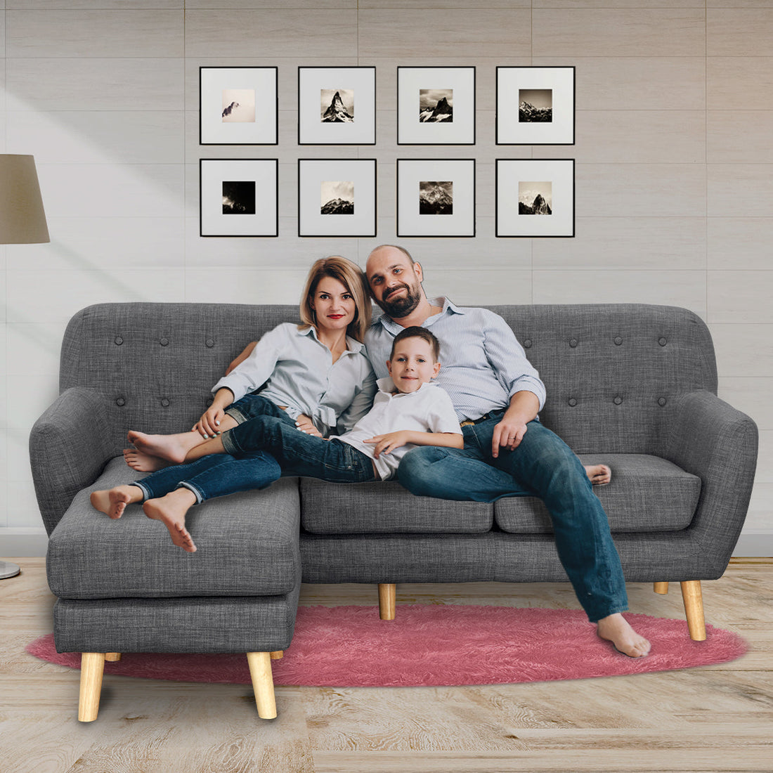 Linen Corner Wooden Sofa Couch Lounge L-shaped with Chaise - Dark Grey