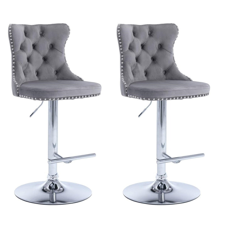 SERENITà Gray Velvet Bar Stools Adjustable Swivel Counter Height Chairs with Tufted Back and Nailhead Trim for Kitchen Island Pub Restaurant (2Pcs, Chrome Metal, Grey)