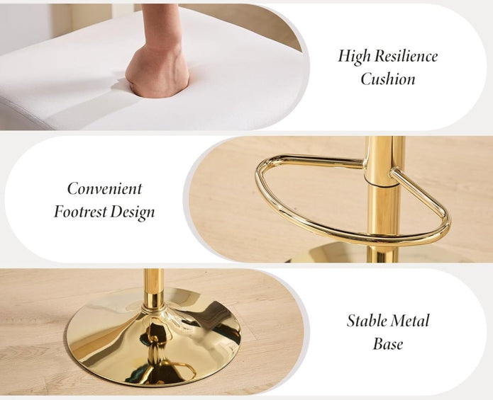 SERENITà  2x Velvet Bar Stools with Braided Back Elegant Kitchen High Chairs, Kitchen Island Stools Adjustable Height Swivel Bar Chairs with Gold Legs for Home-White