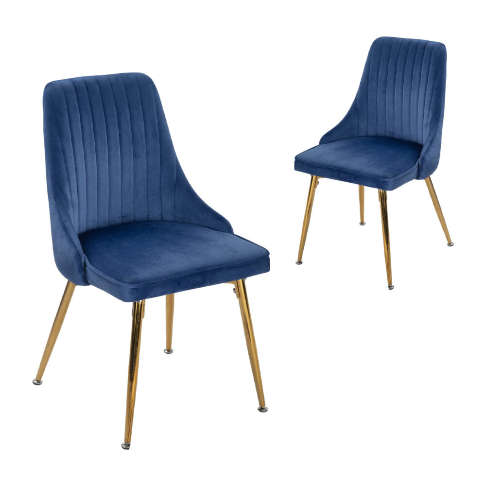 Set of 2 Blue Velvet Dining Chairs – Art Deco Design with Gold Metal Legs