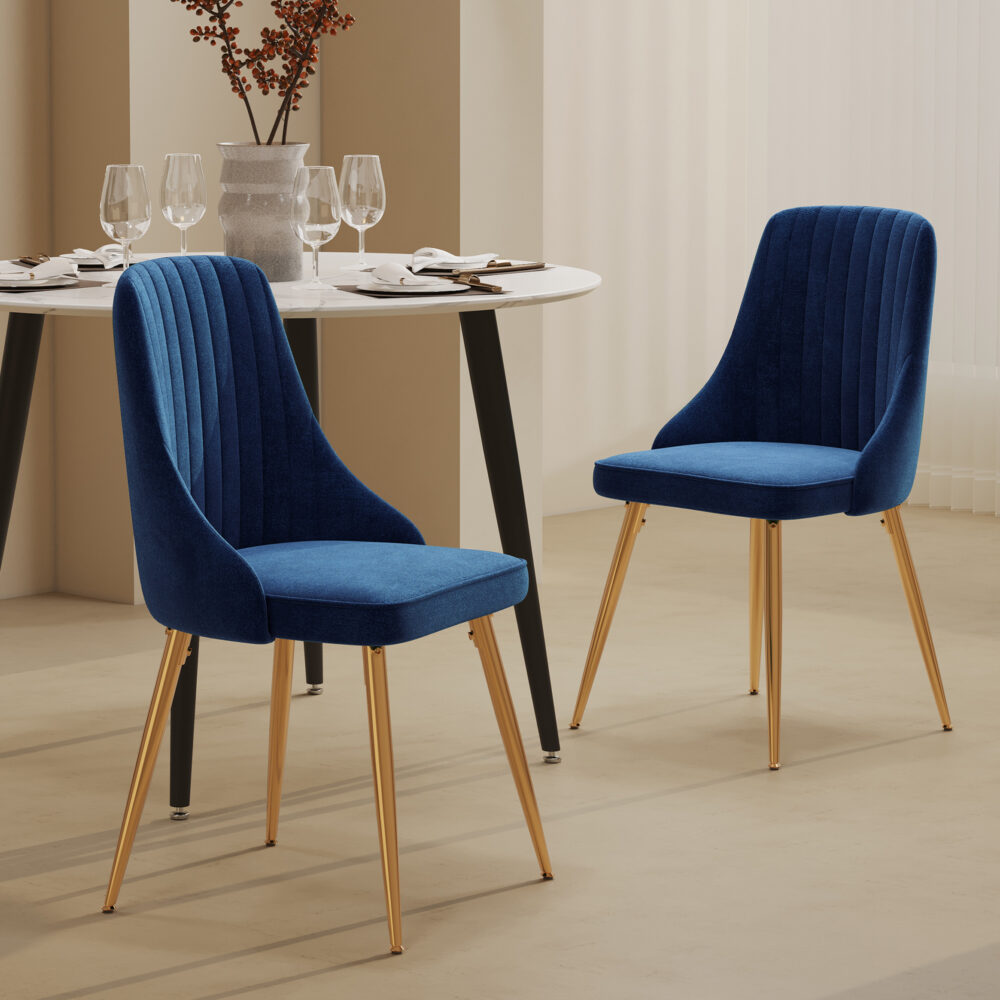 Set of 2 Blue Velvet Dining Chairs – Art Deco Design with Gold Metal Legs