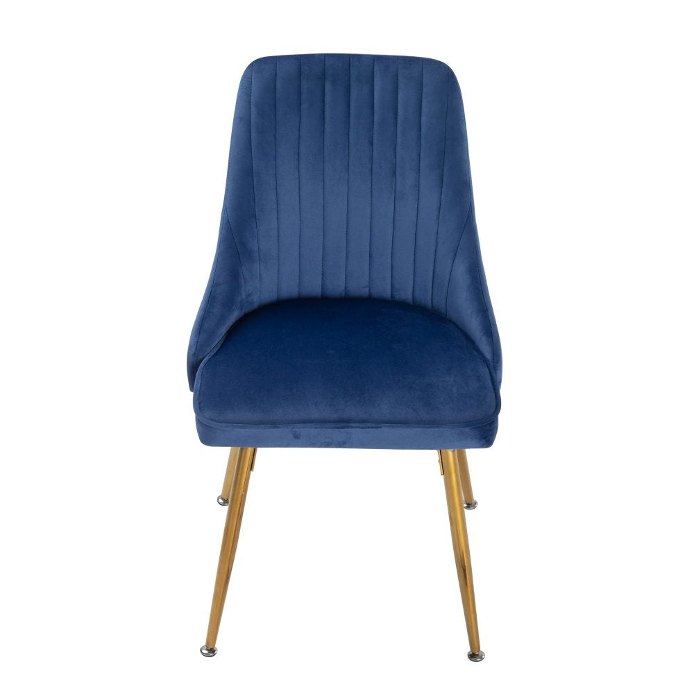 Set of 2 Blue Velvet Dining Chairs – Art Deco Design with Gold Metal Legs