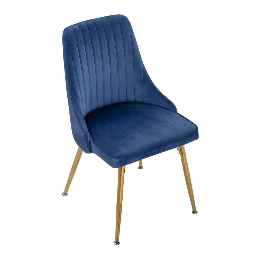 Set of 2 Blue Velvet Dining Chairs – Art Deco Design with Gold Metal Legs