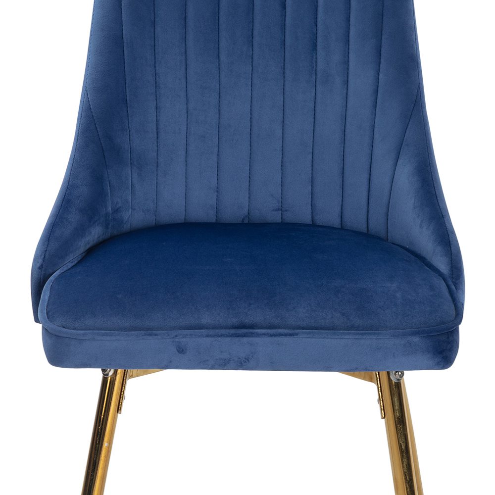 Set of 2 Blue Velvet Dining Chairs – Art Deco Design with Gold Metal Legs