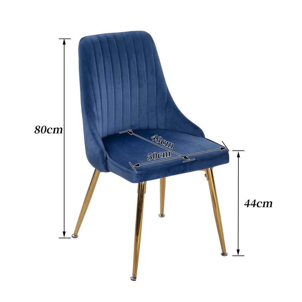 Set of 2 Blue Velvet Dining Chairs – Art Deco Design with Gold Metal Legs