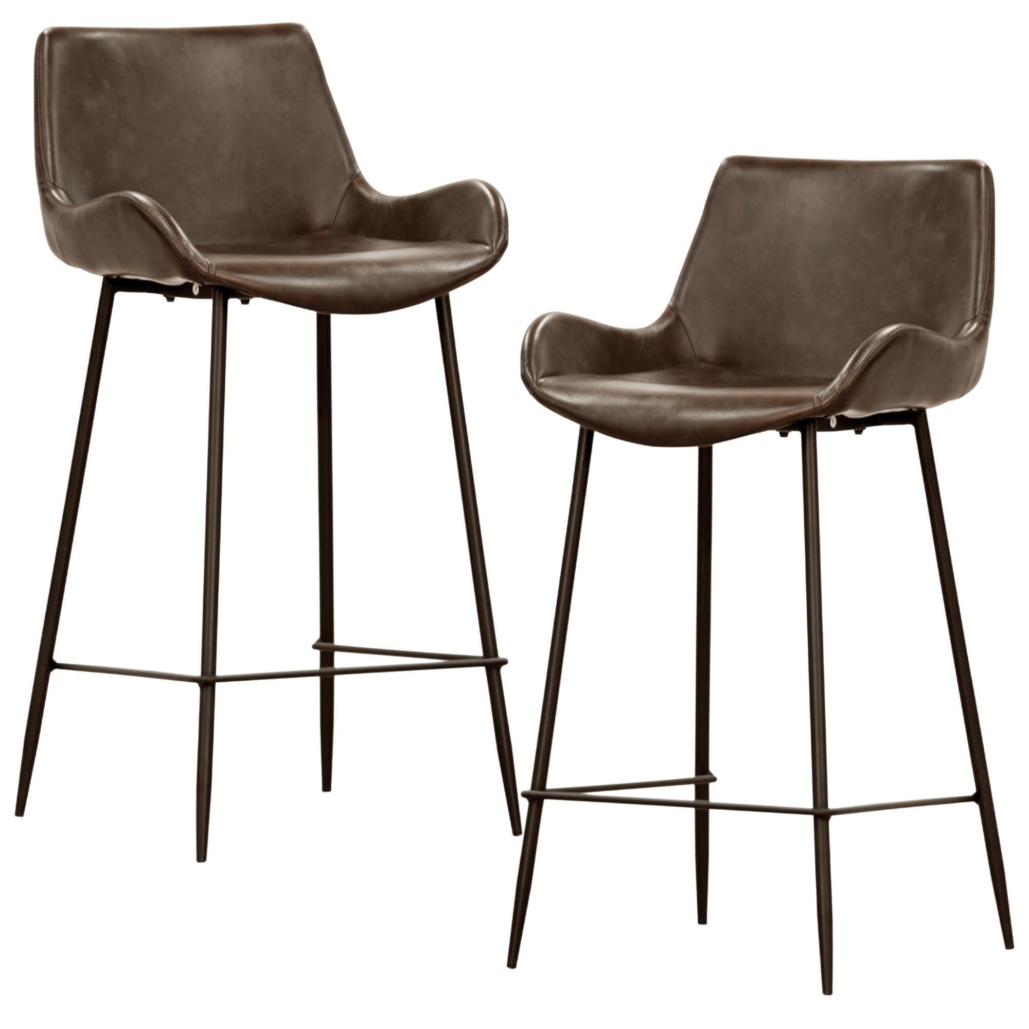 Set of 2 PU Leather Upholstered Bar Chair Metal Leg Stool - Brown