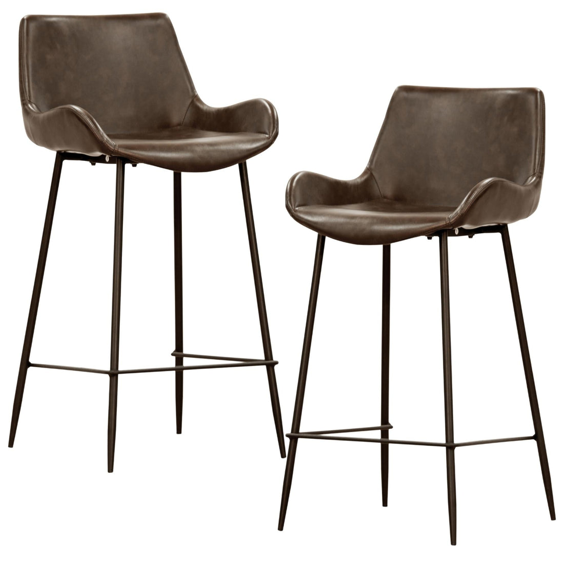 Set of 2 PU Leather Upholstered Bar Chair Metal Leg Stool - Brown