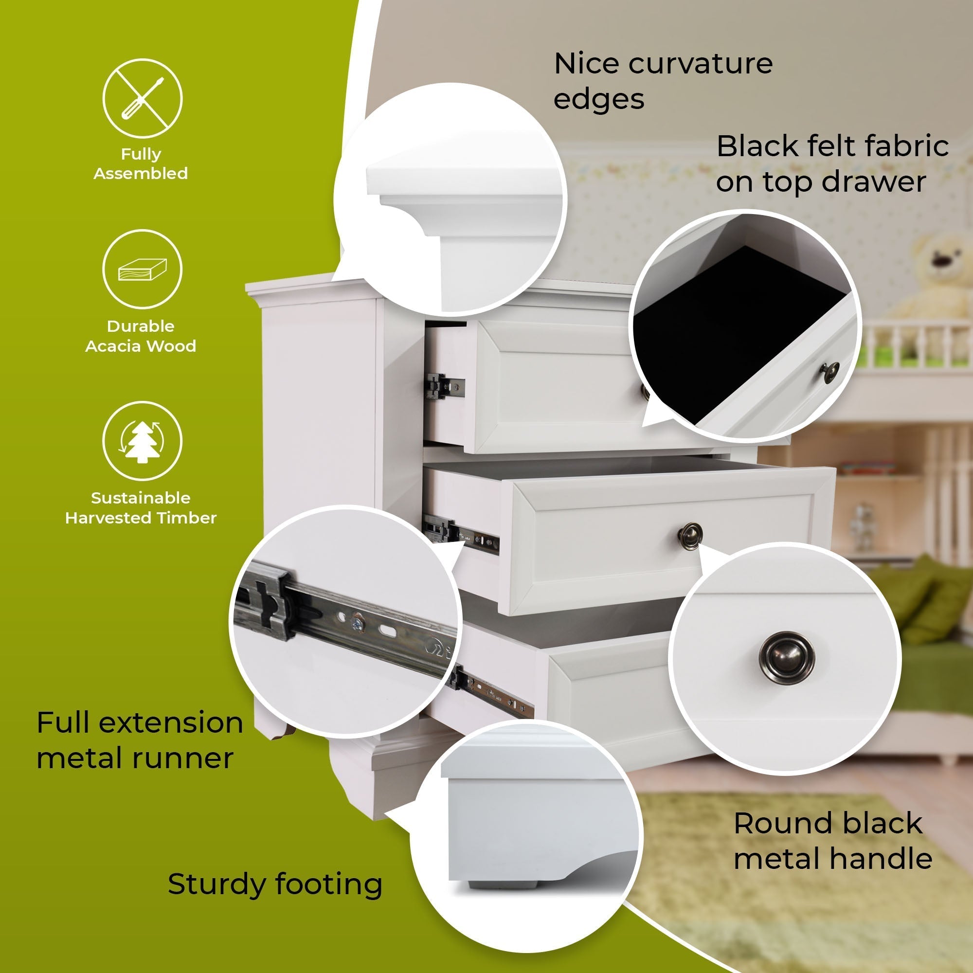 3 Drawers Bedside Table Storage Cabinet Nightstand End Tables - White