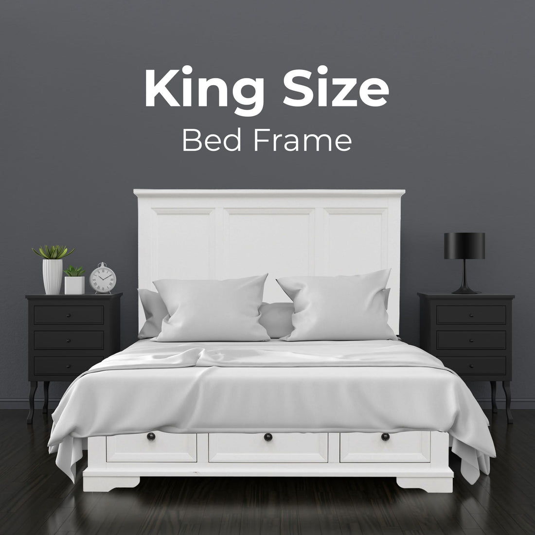 5pc King Bed Frame Bedroom Suite Bedside Dresser Mirror Package - White
