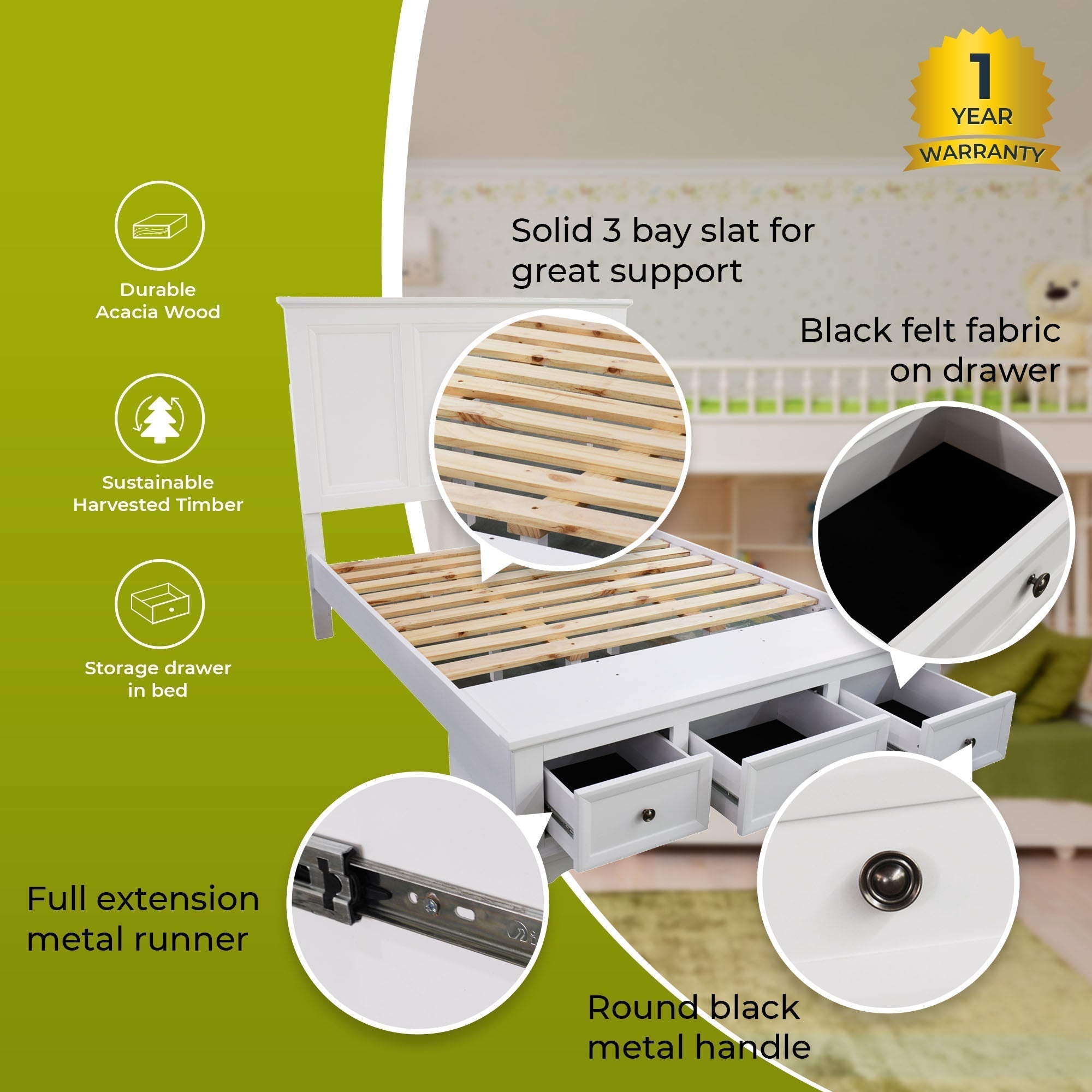 4pc King Bed Frame Bedroom Suite Timber Bedside Tallboy Package - White