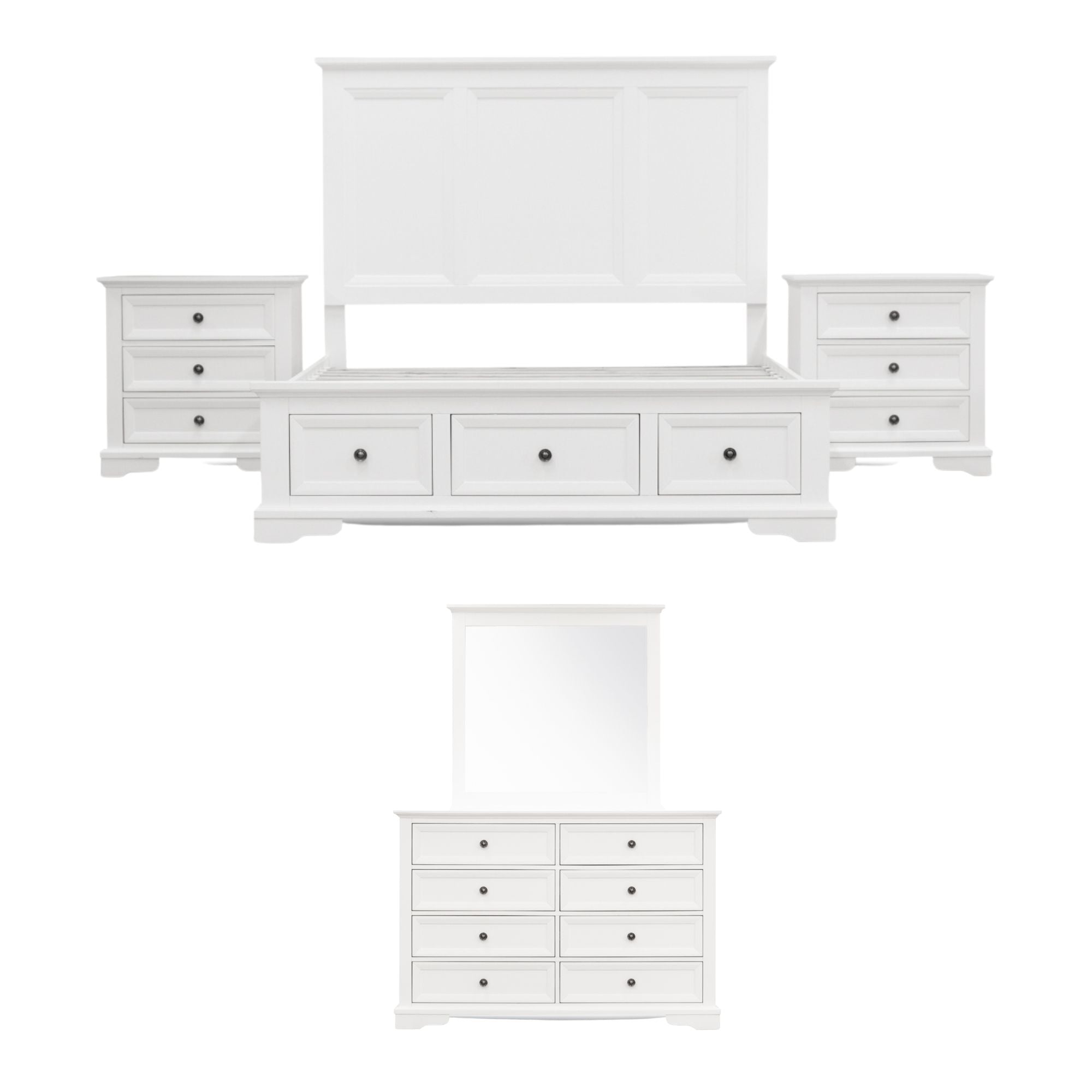 5pc Queen Bed Frame Bedroom Suite Bedside Dresser Mirror Package - White