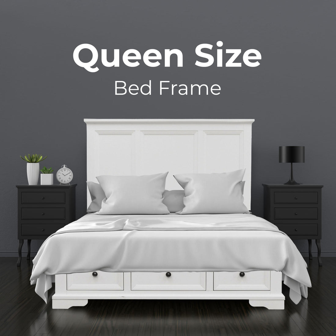 5pc Queen Bed Frame Bedroom Suite Bedside Dresser Mirror Package - White