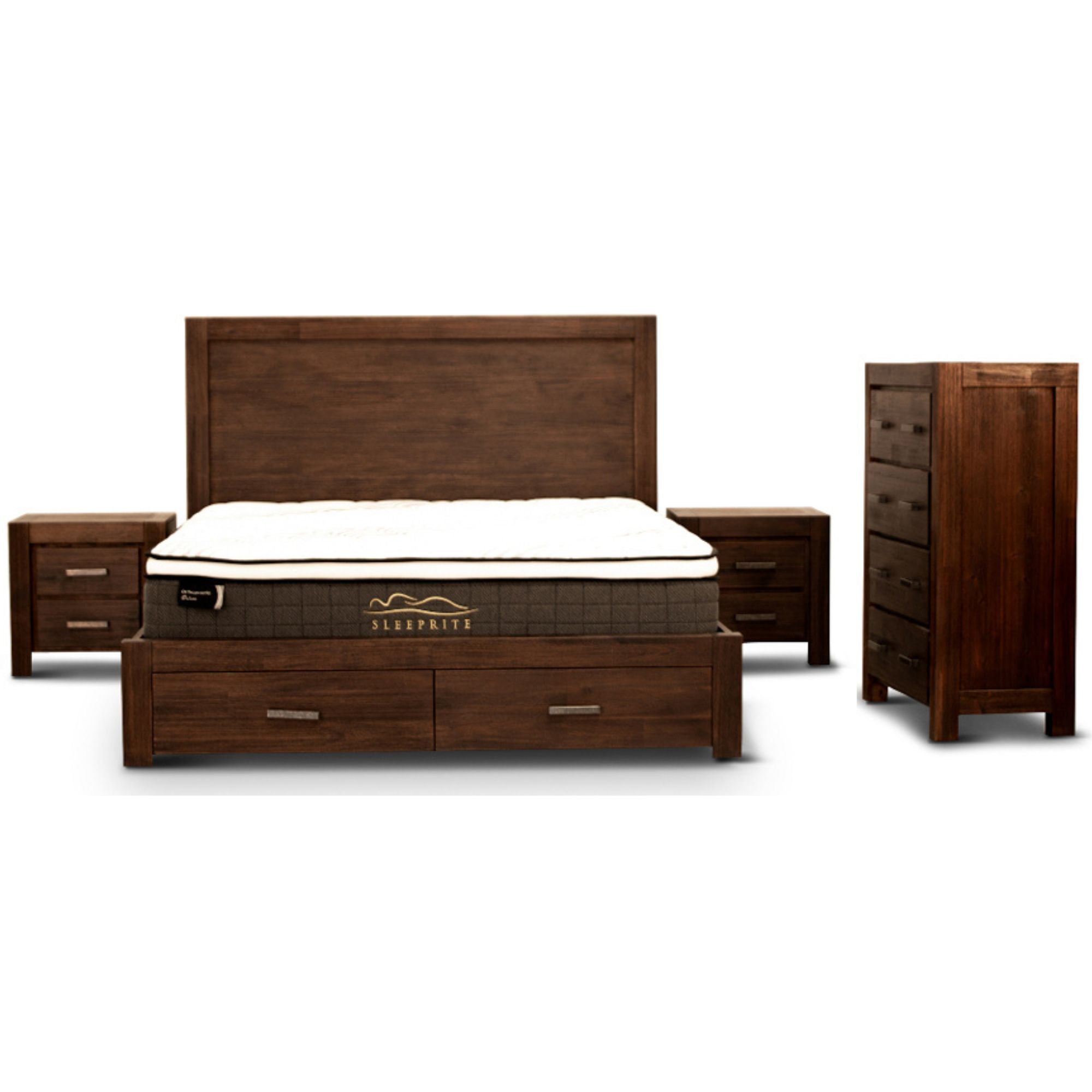 4pc Queen Bed Frame Suite Bedside Tallboy Furniture Package - Walnut