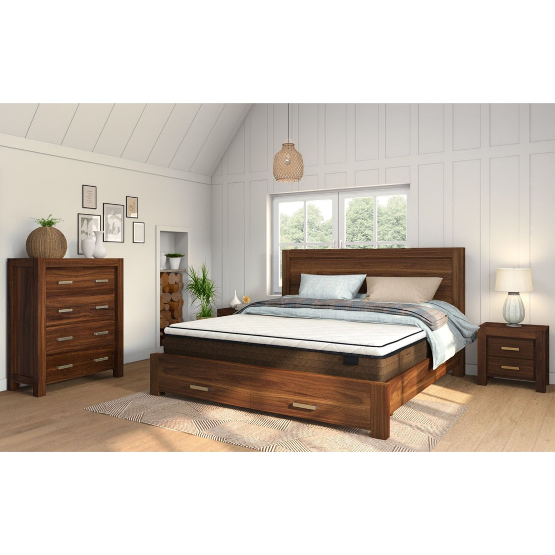 4pc King Bed Frame Suite Bedside Tallboy Furniture Package - Walnut