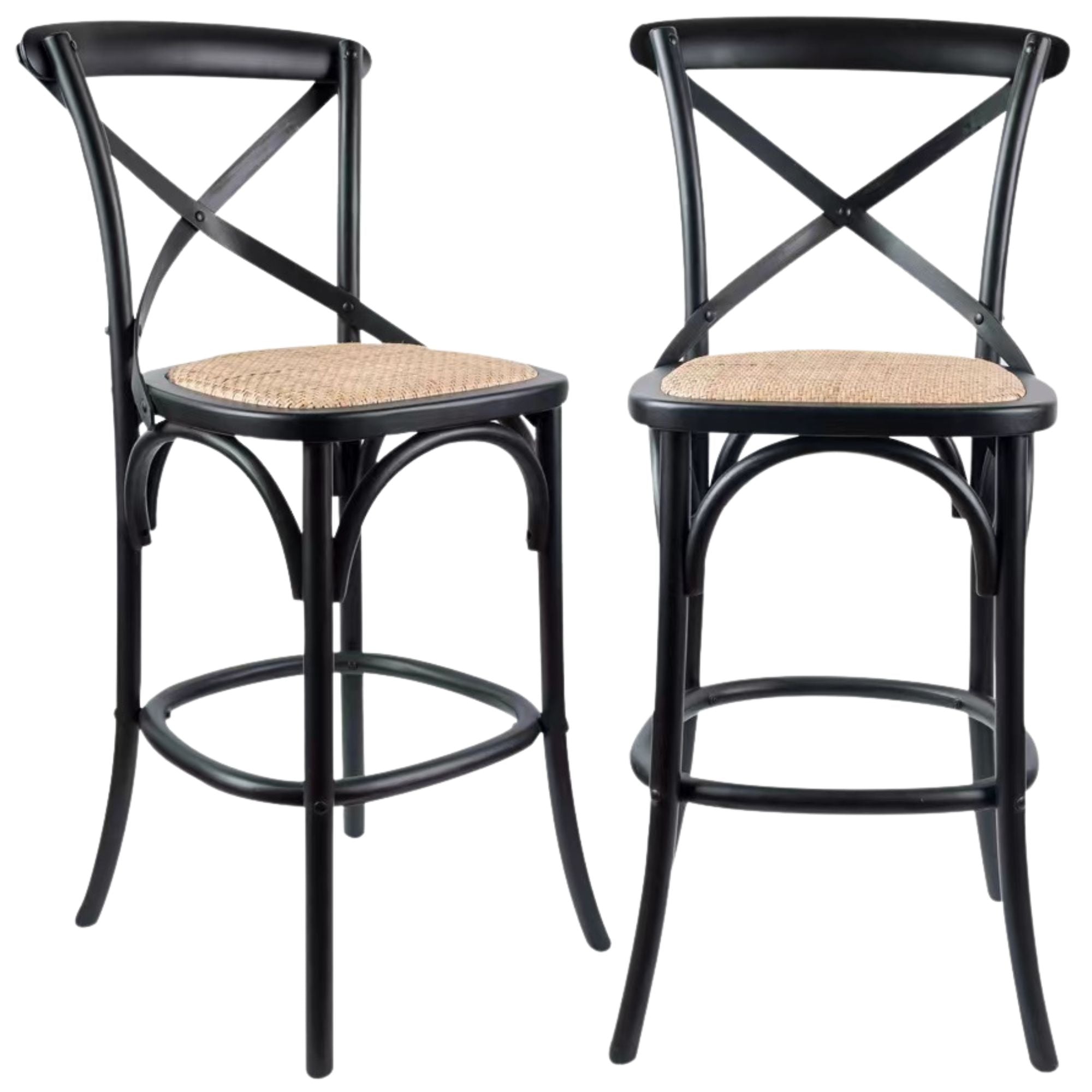 2pc Crossback Bar Stools Dining Chair Solid Birch Timber Rattan Seat Black