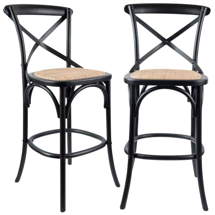 2pc Crossback Bar Stools Dining Chair Solid Birch Timber Rattan Seat Black