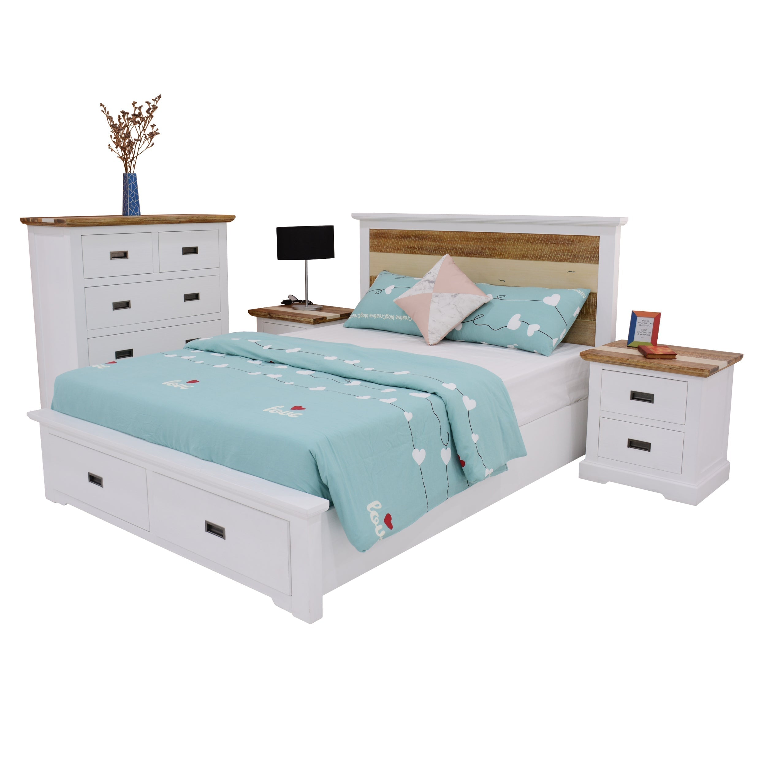 4pc Queen Bed Frame Suite Bedside Tallboy Furniture Package -Multi Color